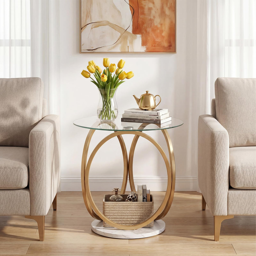 Giantex Round Faux Marble Sofa Couch Side Table with Tempered Glass Tabletop (1/2)