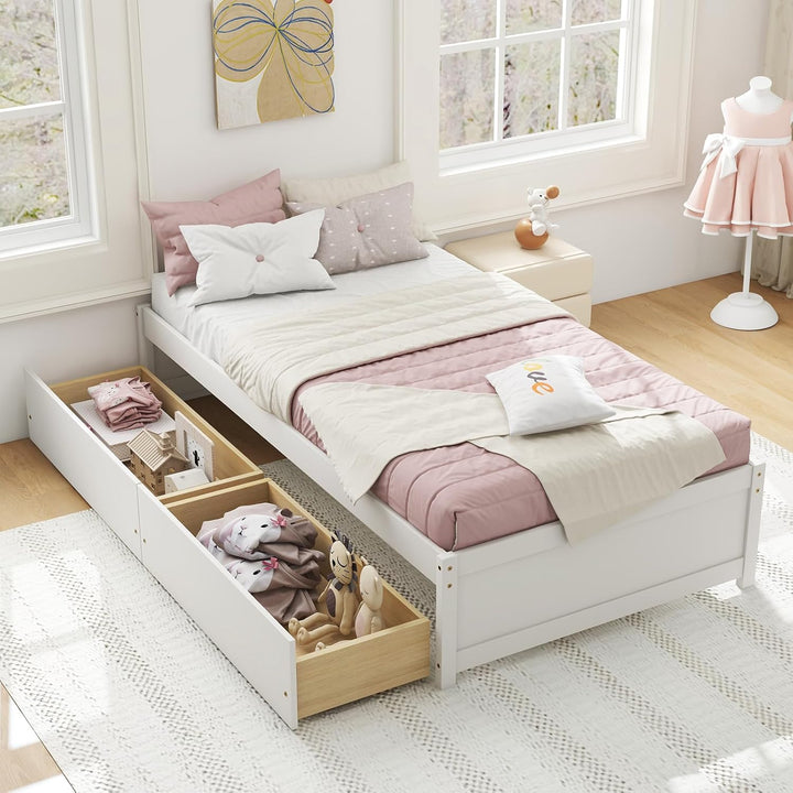 Giantex Queen/Full/Twin Size Bed Frame with 2 Storage Drawers, Solid Wood Platform Bed with Slats Support