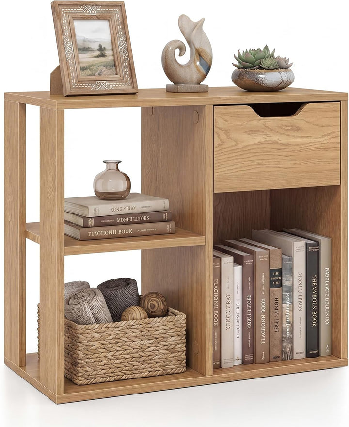 Giantex 3 Cube Bookcase with Drawer, 2 Tier Bookshelf for Small Space, Modern Freestandin