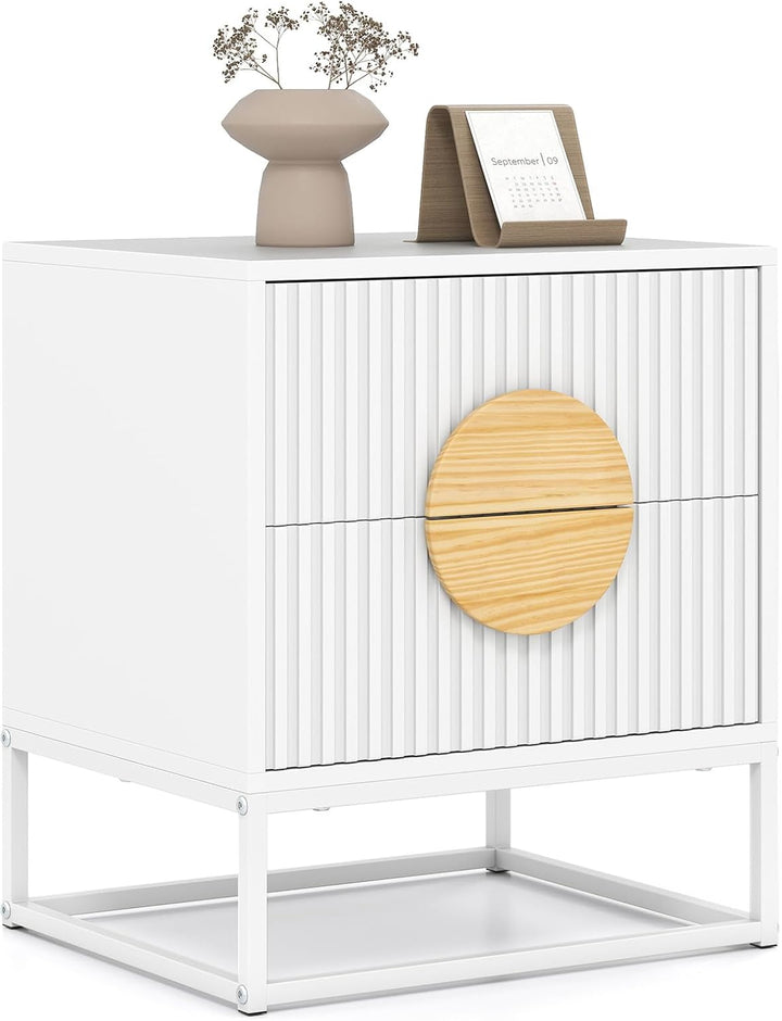 Giantex Fluted Nightstand with 2 Drawers with Natural Circle Handle &amp; Metal Frame