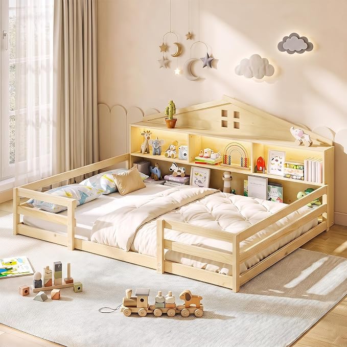 Giantex Montessori Floor Bed with LED Lights 2-in-1 Wooden House Bed Frame with Safety Guardrails