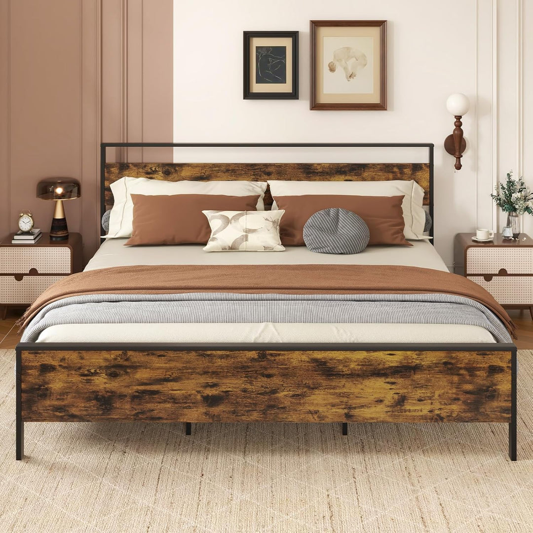 Giantex Twin Size/Full Size/King Size/Queen Metal Platform Bed Frames with Wooden Headboard &amp; Footboard