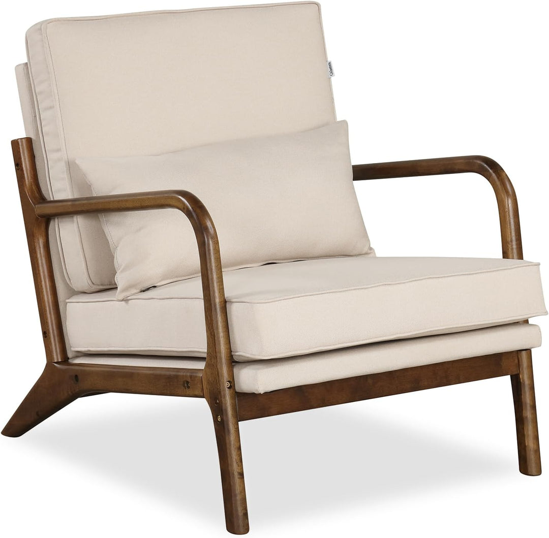 Giantex Mid Century Modern Accent Chair, Upholstered Armchair with Pillow, Rubber Wood Armrests &amp; Legs