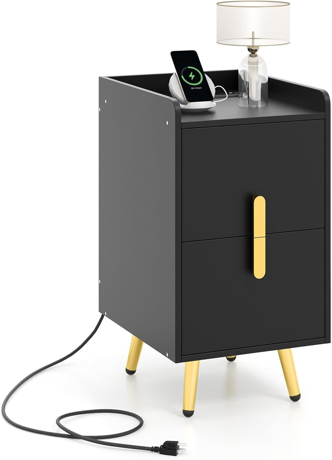 Giantex Nightstand with Charging Station, Narrow End Table with 2 Drawers &amp; Metal Gold Legs