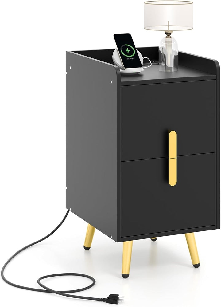 Giantex Nightstand with Charging Station, Narrow End Table with 2 Drawers &amp; Metal Gold Legs
