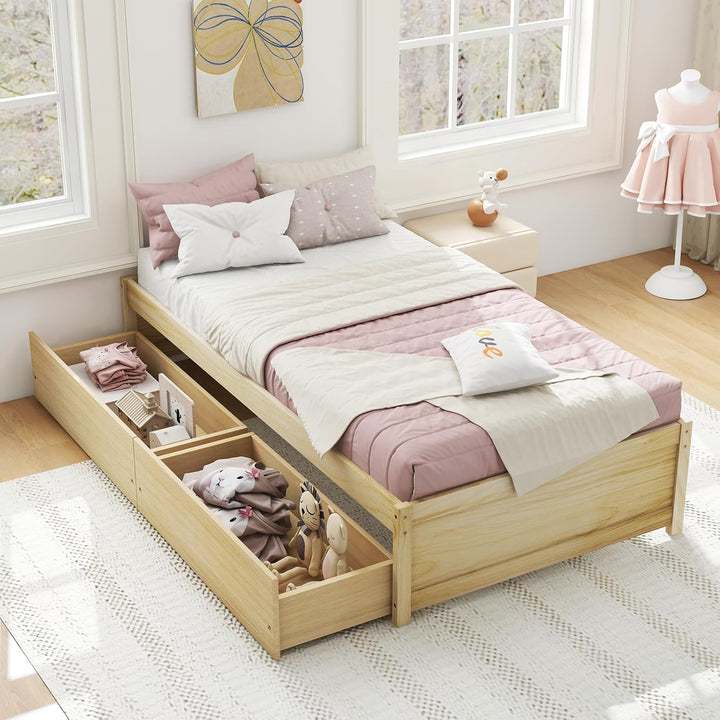 Giantex Queen/Full/Twin Size Bed Frame with 2 Storage Drawers, Solid Wood Platform Bed with Slats Support