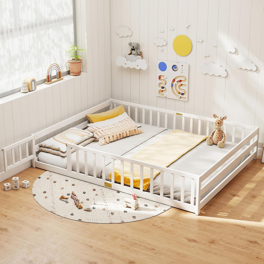 Giantex Floor Bed with Door &amp; Fence Kids Wood Montessori Beds with Safety Guardrails