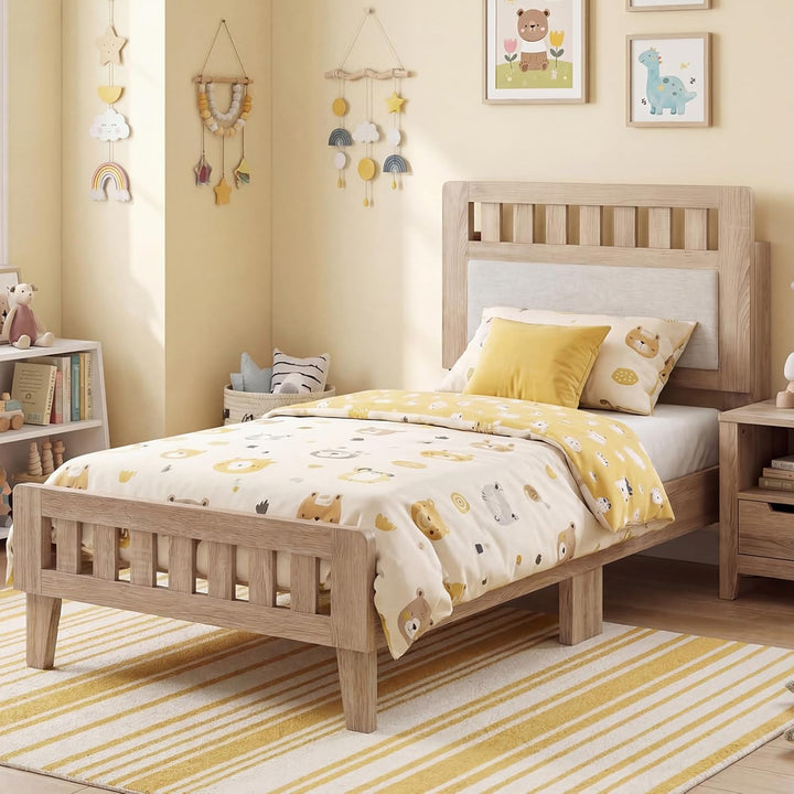 Giantex Mid-Century Wood Bed Frame with Upholstered Headboard (Full/Twin/Queen)