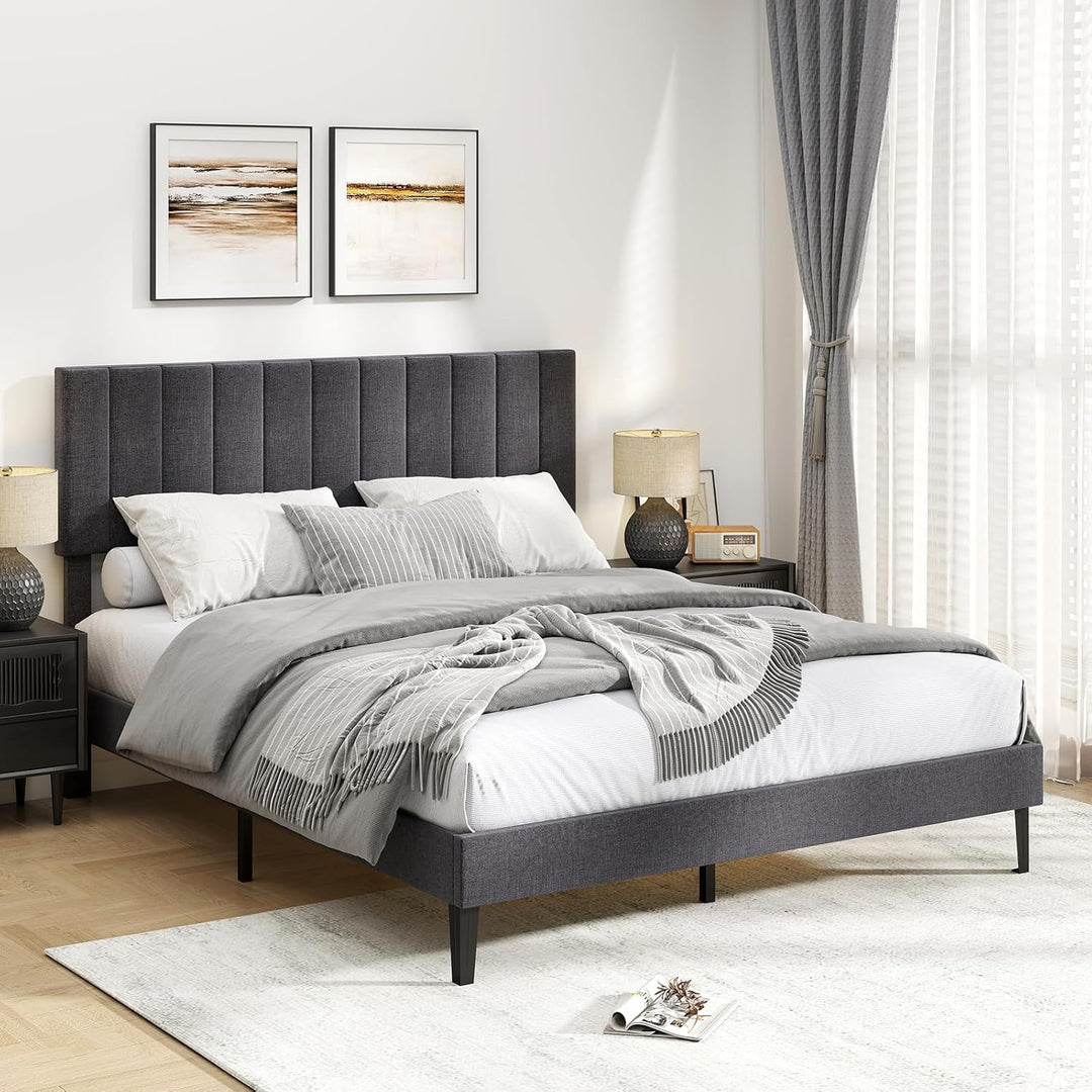Giantex Queen/Full/Twin Size Upholstered Bed Frame Platform Bed with Height Adjustable Vertical Channel Headboard