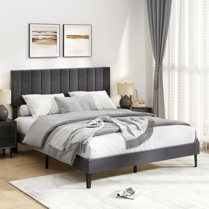 Giantex Queen/Full/Twin Size Upholstered Bed Frame Platform Bed with Height Adjustable Vertical Channel Headboard