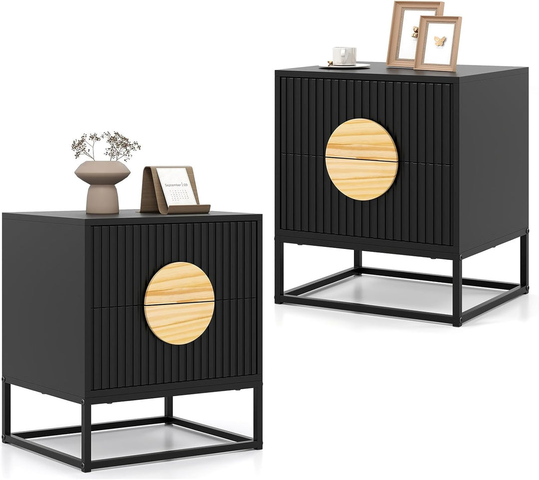 Giantex Fluted Nightstand with 2 Drawers with Natural Circle Handle &amp; Metal Frame