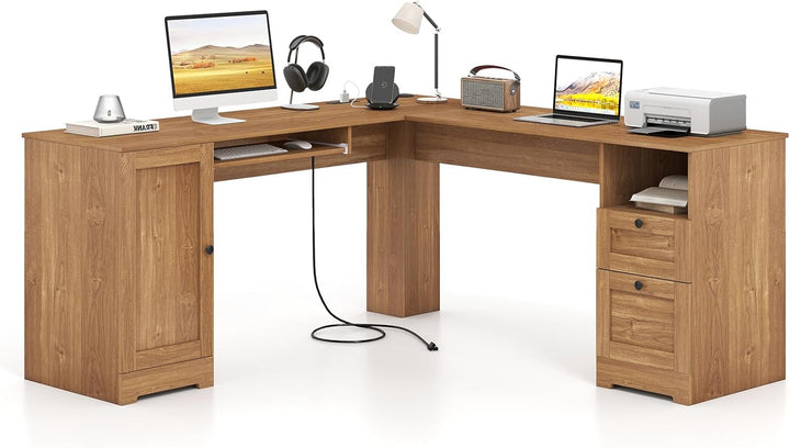 Giantex 66" L-Shaped Desk with Storage Drawers &amp; Charging Station