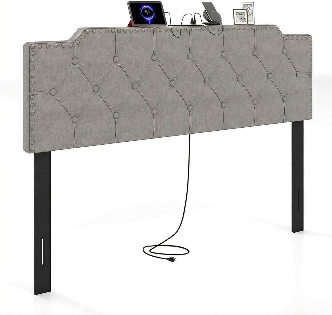 Giantex Headboard for Queen and Full Size Bed | Rivet Tufted Upholstered Head Board w/ 2 AC Outlets