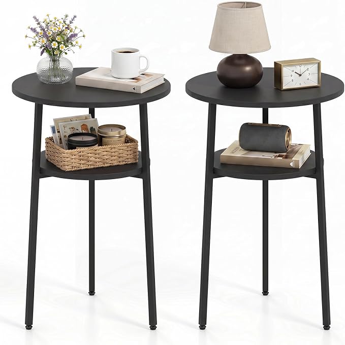 Giantex Round Side Table, 2-Tier End Table w/Metal Frame | Accent Nightstand Bedside Table w/ Storage Shelf for Small Space Sofa Couch Side