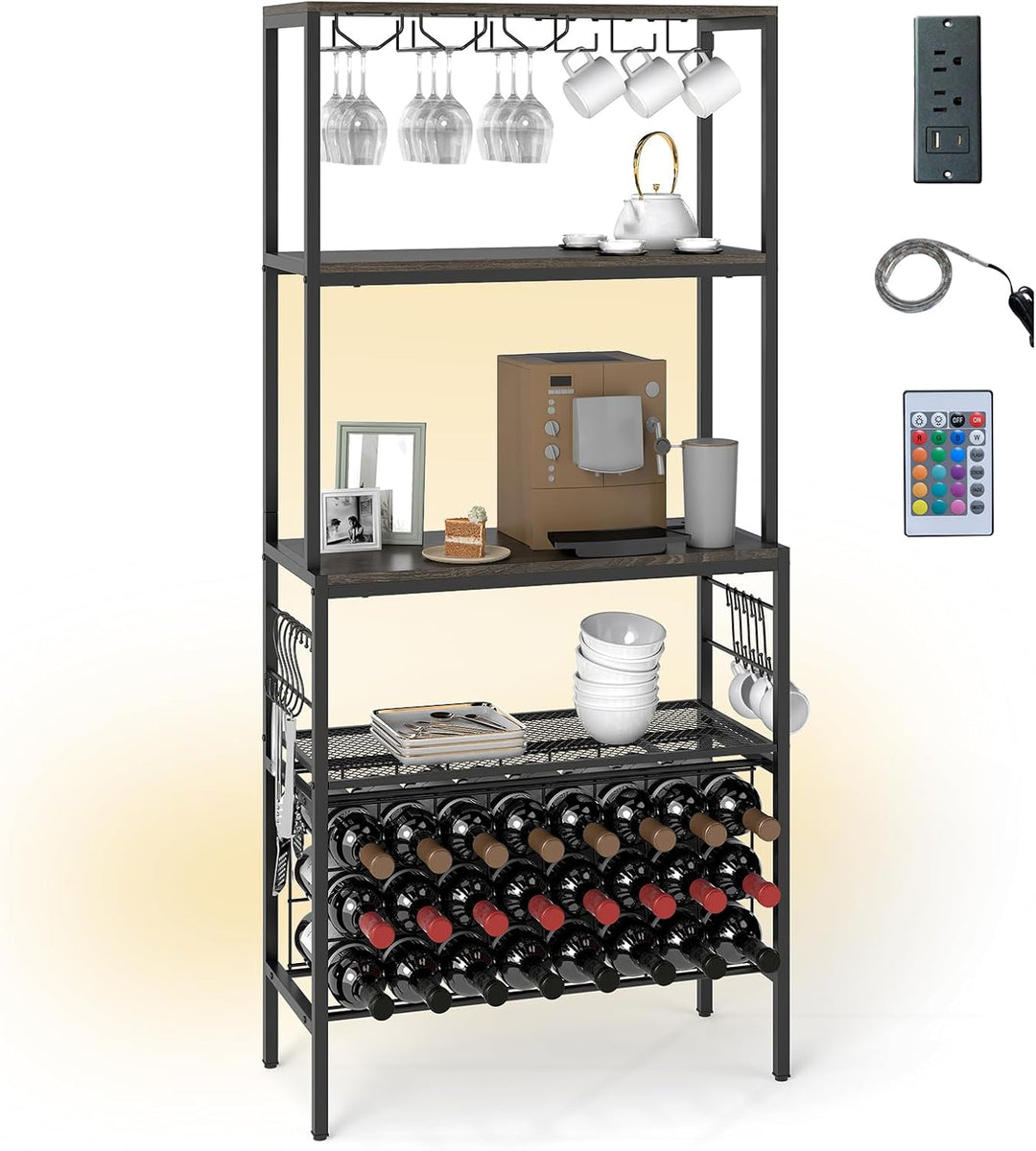 Giantex Wine Rack Freestanding Floor Wine Bar Cabinet w/Power Outlet &amp; RGB Light