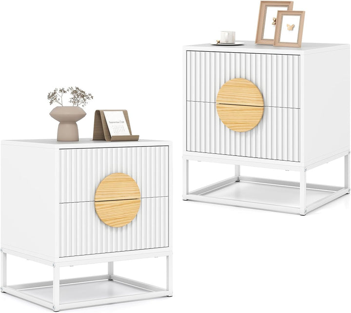 Giantex Fluted Nightstand with 2 Drawers with Natural Circle Handle &amp; Metal Frame