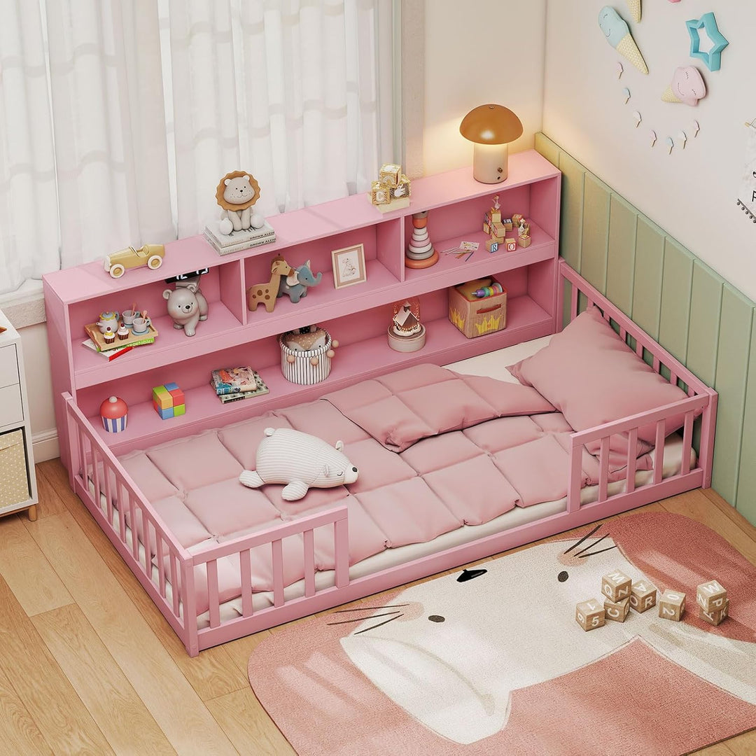 Giantex Wooden Montessori Bed Frame with Bookcase