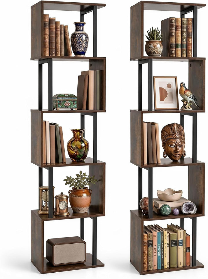 GIANTEX 5-Tier S-Shaped Wood Bookcase w/Metal Frame (1/2)