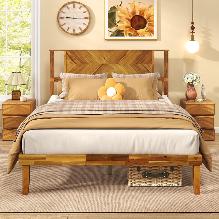 Giantex Queen/Full/Twin Size Acacia Wood Platform Bed Frame Mid-Century Modern Bed Frame with Headboard