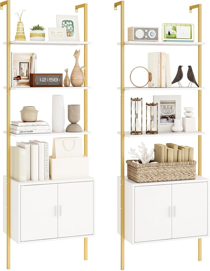 Giantex 5-Tier Wall-Mounted Ladder Shelf 72.5" Tall Bookshelf w/ 2-Door Cabinet