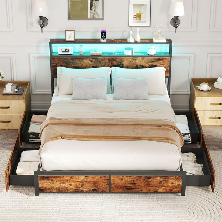 Giantex Queen/Full Size LED Bed Frame with Charging Station &amp; 4 Storage Drawers