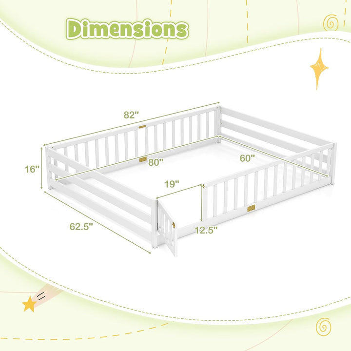 Giantex Floor Bed with Door &amp; Fence Kids Wood Montessori Beds with Safety Guardrails