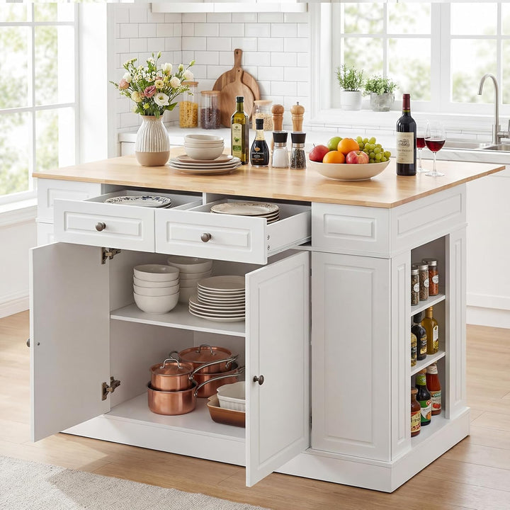 Giantex Kitchen Island with Drop Leaf, Rubber Wood Top, 2 Drawers, Storage Cabinets
