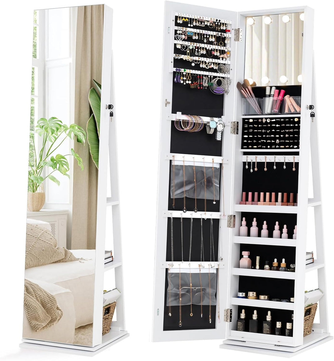 CHARMAID Swivel Jewelry Armoire with Full-Length Mirror &amp; Lighted Makeup Mirror