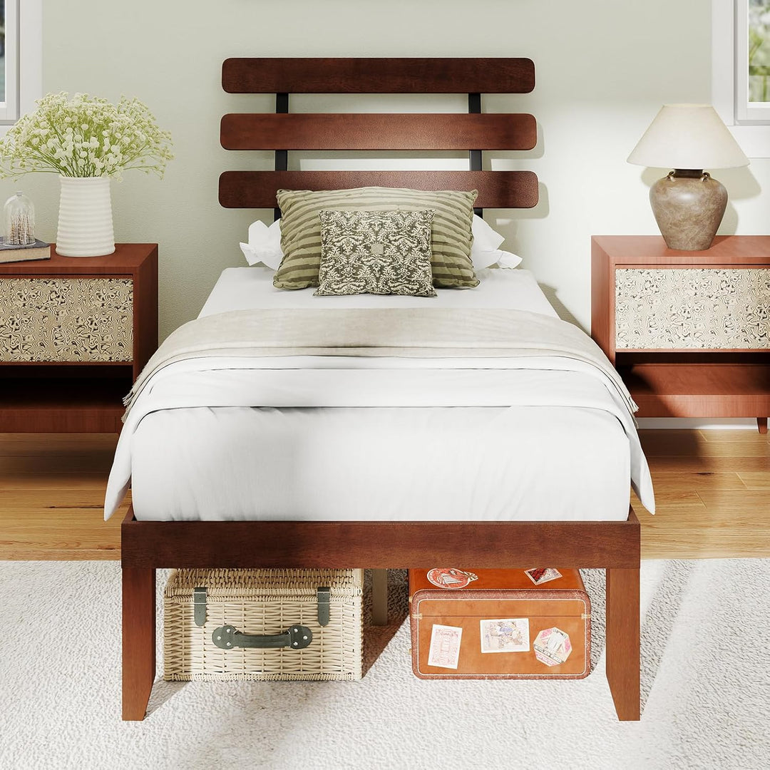 Giantex Queen/Full/Twin Size Platform Bed with Retro Headboard Mid Century Modern Bed Frame with Wood Slat Support