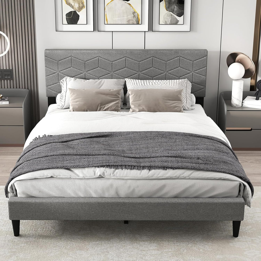 Giantex Queen/Full/Twin Size Upholstered Bed Frame Modern Platform Bed with Linen Fabric Geometric Headboard