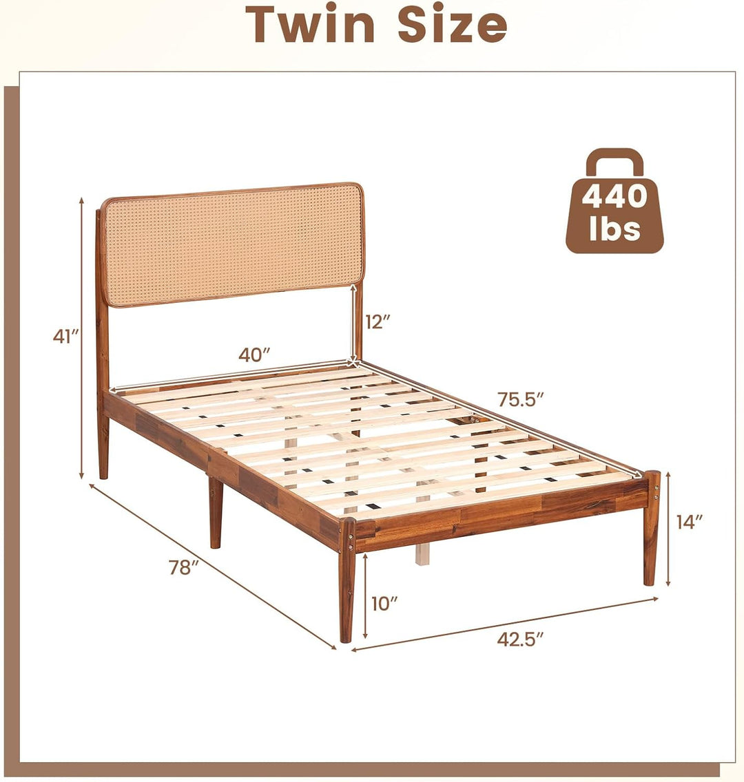 Giantex Wooden Bed Frame Full/Twin/Queen Size with Rattan Headboard