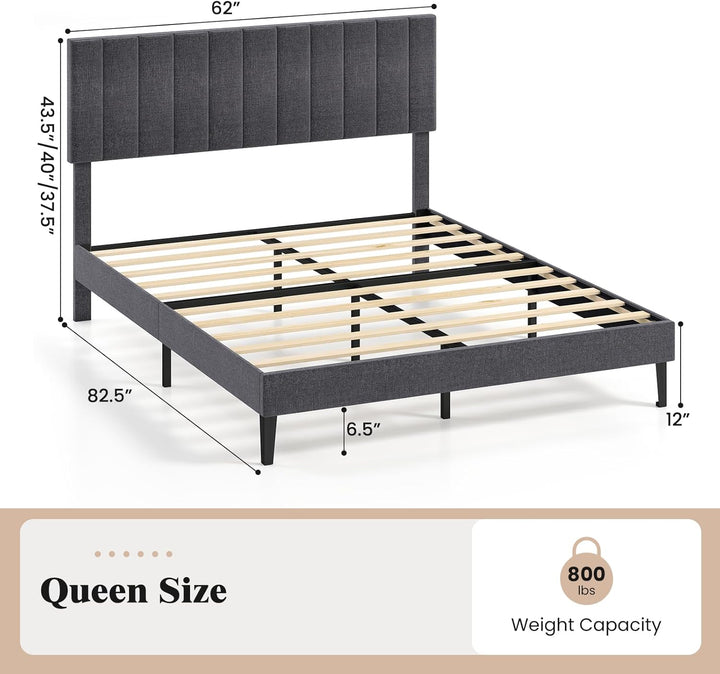 Giantex Queen/Full/Twin Size Upholstered Bed Frame Platform Bed with Height Adjustable Vertical Channel Headboard