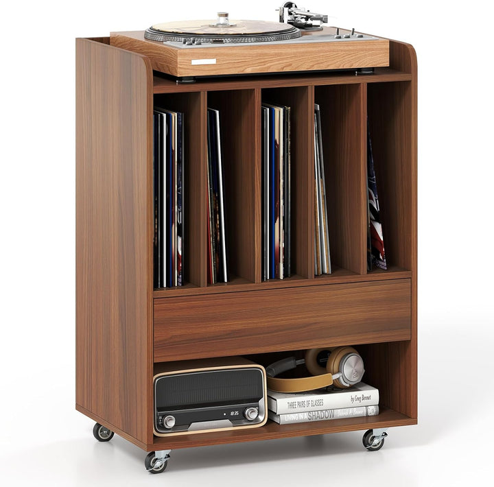 Giantex Record Player Stand Rolling Turntable Stand with Drawer &amp; Lockable Wheels