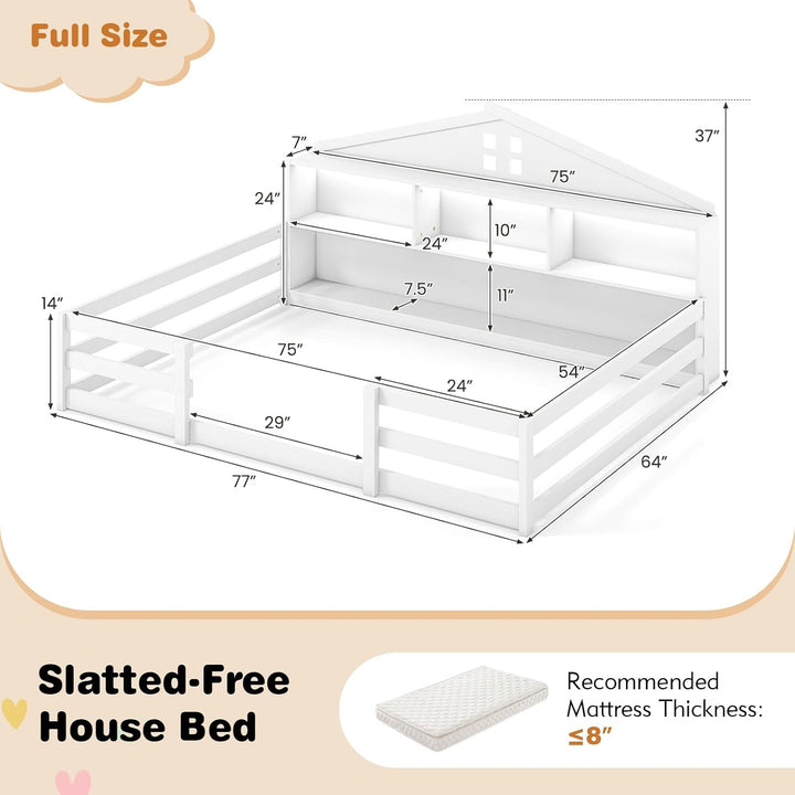 Giantex Montessori Floor Bed with LED Lights 2-in-1 Wooden House Bed Frame with Safety Guardrails