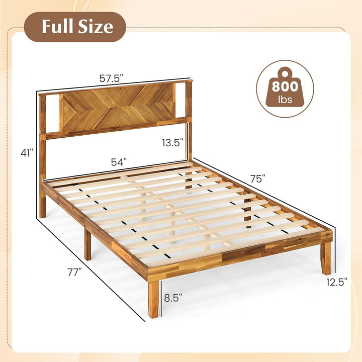 Giantex Queen/Full/Twin Size Acacia Wood Platform Bed Frame Mid-Century Modern Bed Frame with Headboard