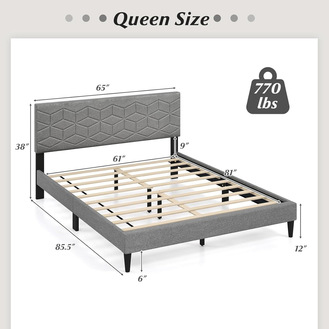 Giantex Queen/Full/Twin Size Upholstered Bed Frame Modern Platform Bed with Linen Fabric Geometric Headboard