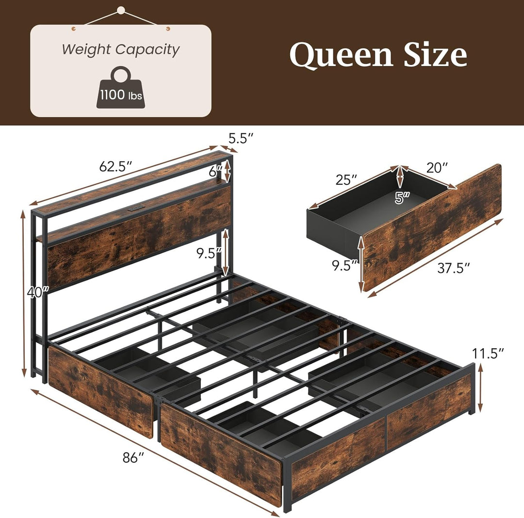 Giantex Queen/Full Size LED Bed Frame with Charging Station &amp; 4 Storage Drawers