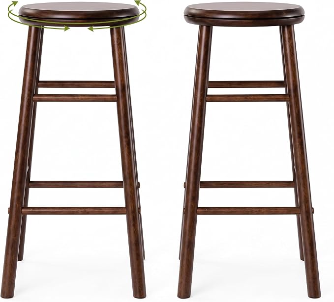 GIANTEX 24 Inch Swivel Bar Stools Set of 2, Rubber Wood, Walnut | Round Bar Chairs w/Backless Design