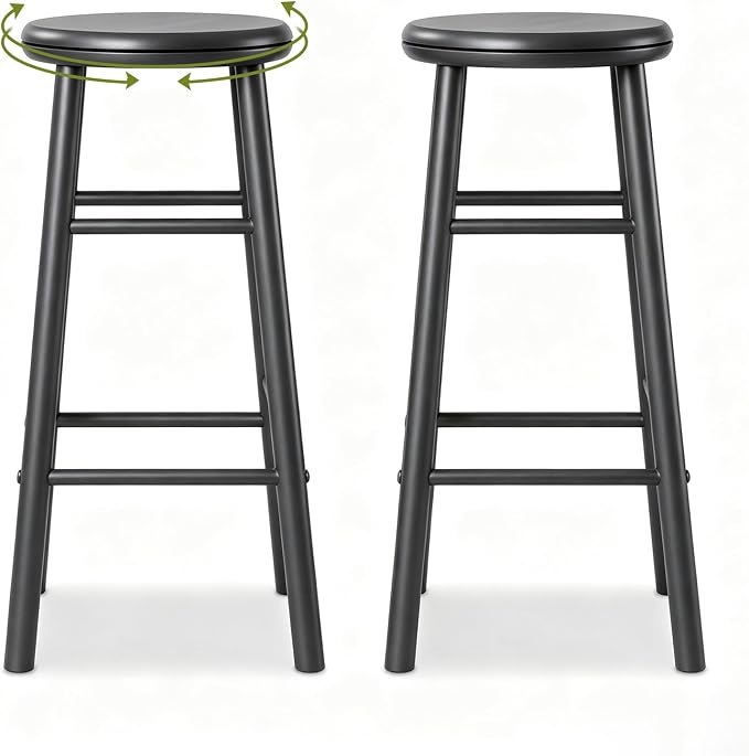GIANTEX 24 Inch Swivel Bar Stools Set of 2, Rubber Wood, Walnut | Round Bar Chairs w/Backless Design