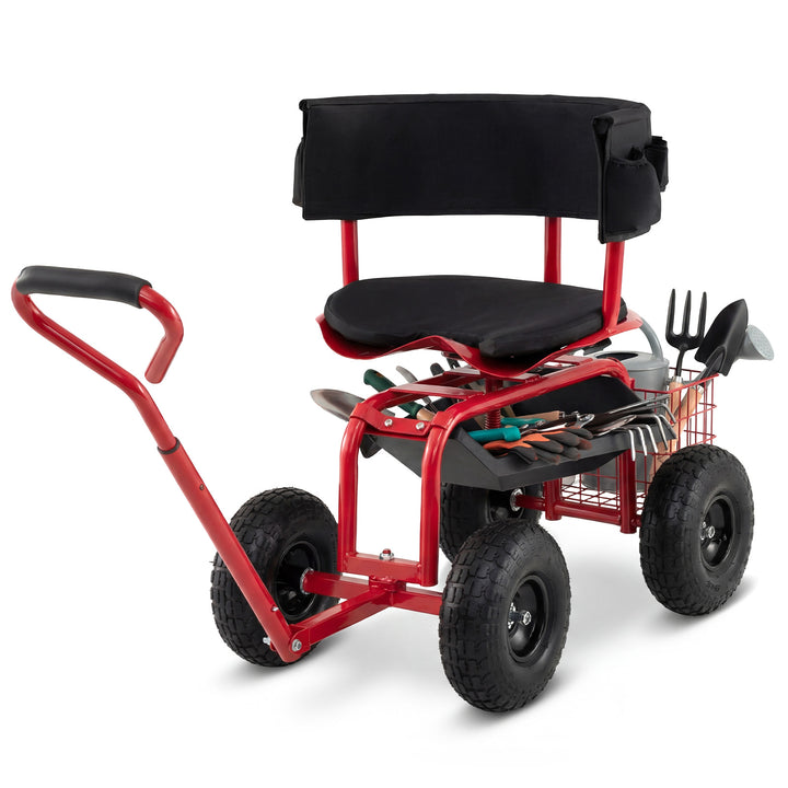 Giantex Cushioned Rolling Garden Cart Scooter with Storage Basket and Tool Pouch