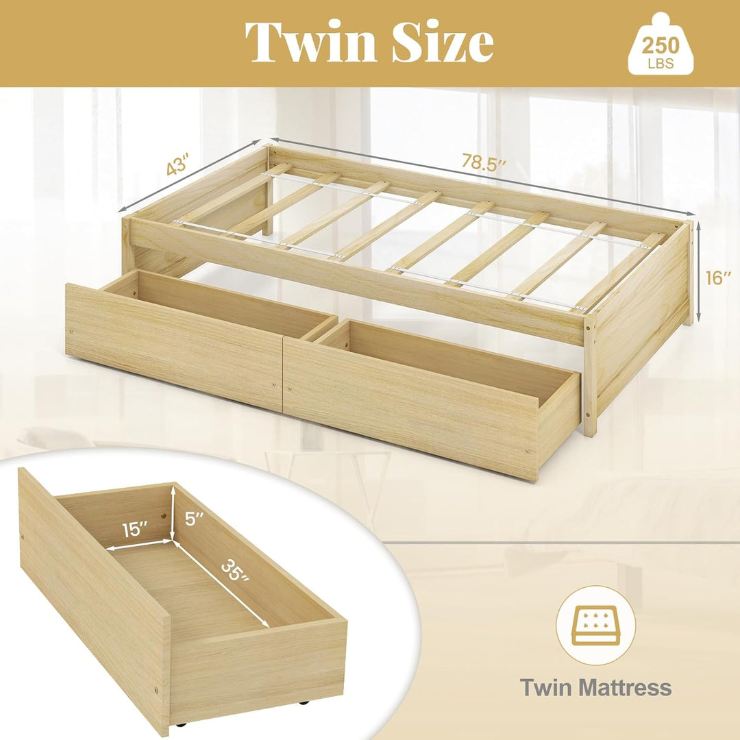 Giantex Queen/Full/Twin Size Bed Frame with 2 Storage Drawers, Solid Wood Platform Bed with Slats Support