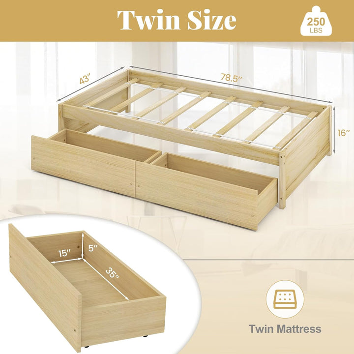 Giantex Queen/Full/Twin Size Bed Frame with 2 Storage Drawers, Solid Wood Platform Bed with Slats Support