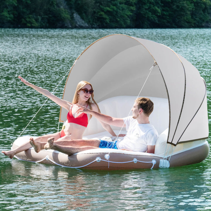 Giantex Canopy Island Inflatable Pool Float Comfortable Lounge Surface – Built-in Cup Holders – Detachable Sunshade – 440lb Max Weight Capacity