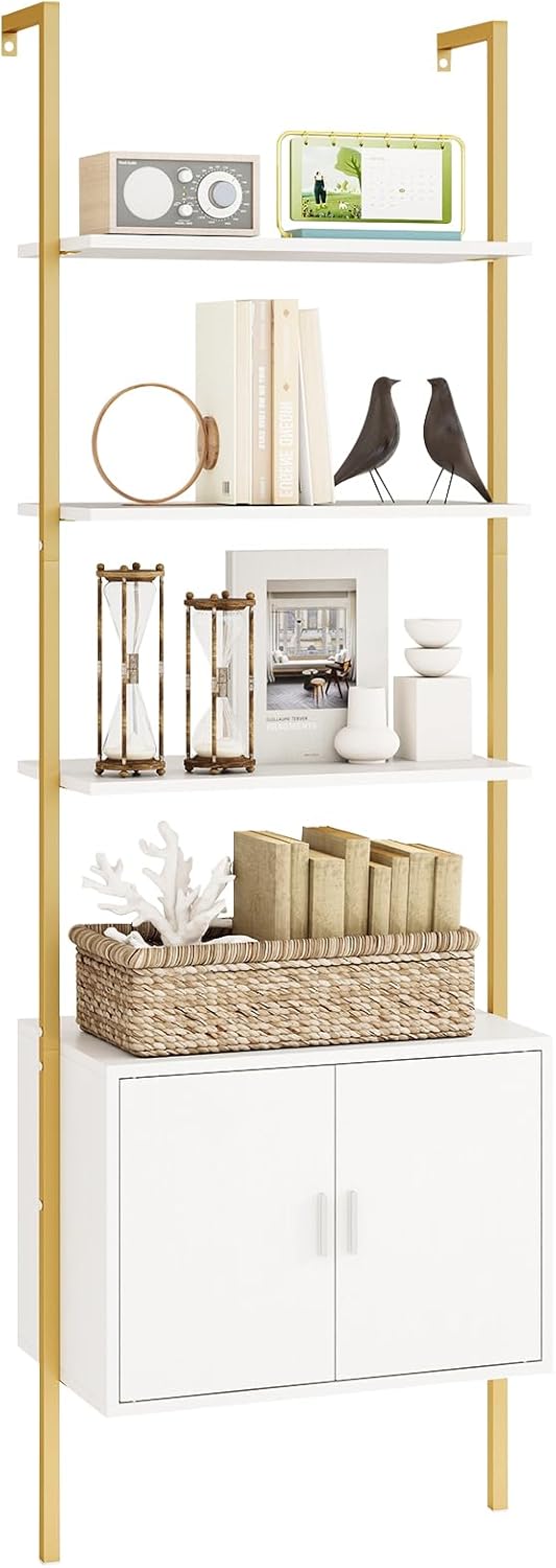 Giantex 5-Tier Wall-Mounted Ladder Shelf 72.5" Tall Bookshelf w/ 2-Door Cabinet