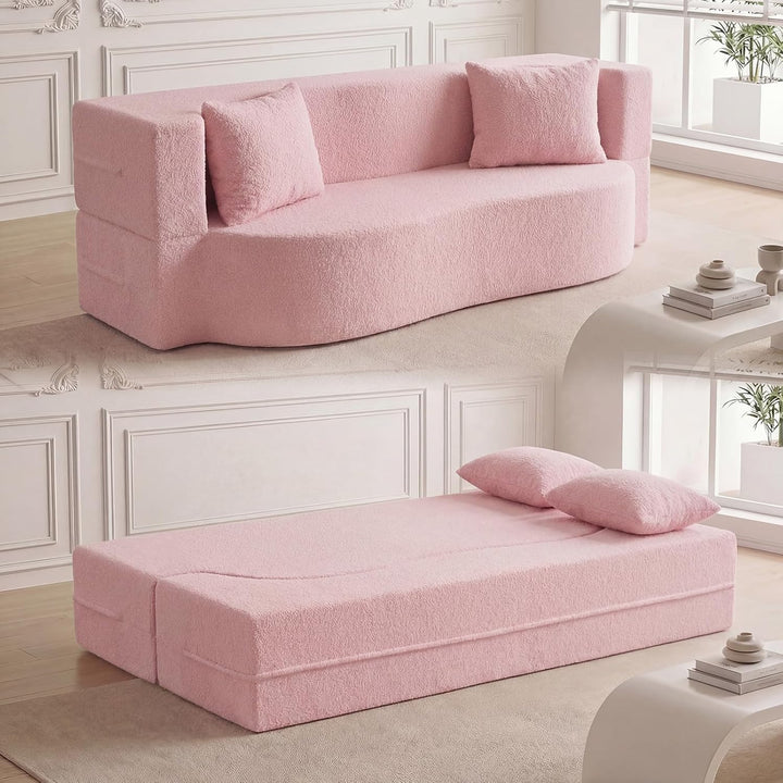 Giantex 75.5" Folding Sofa Bed | 2-in-1 Convertible Teddy Fleece Floor Loveseat with 2 Comfortable Pillows