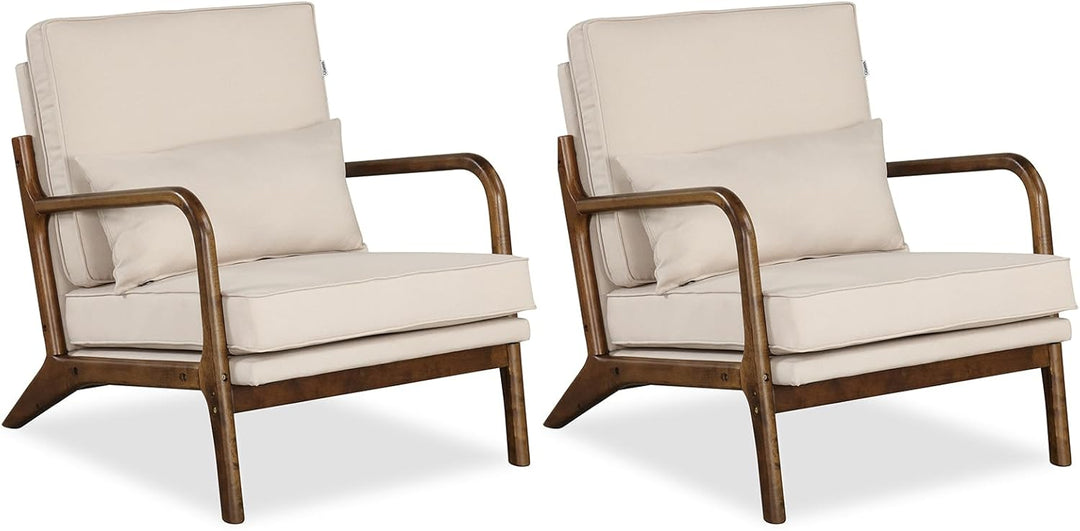Giantex Mid Century Modern Accent Chair, Upholstered Armchair with Pillow, Rubber Wood Armrests &amp; Legs
