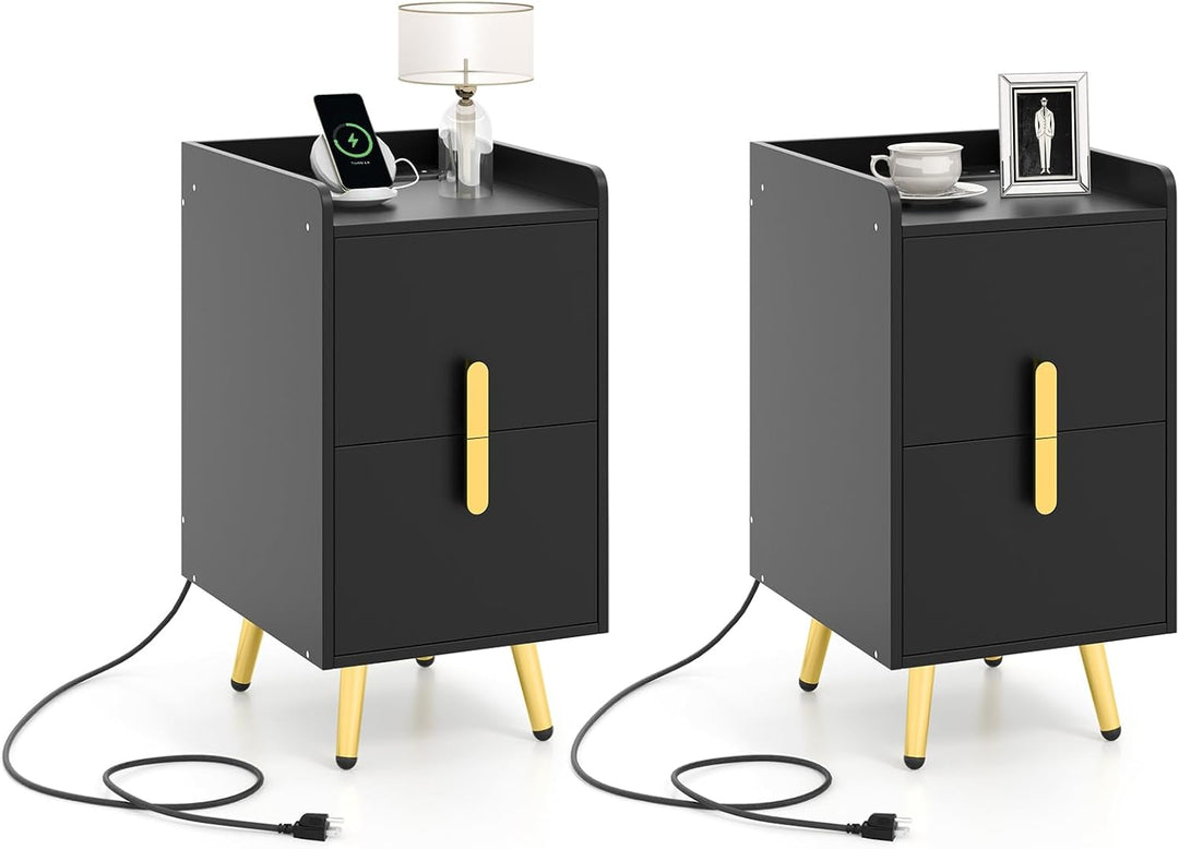 Giantex Nightstand with Charging Station, Narrow End Table with 2 Drawers &amp; Metal Gold Legs
