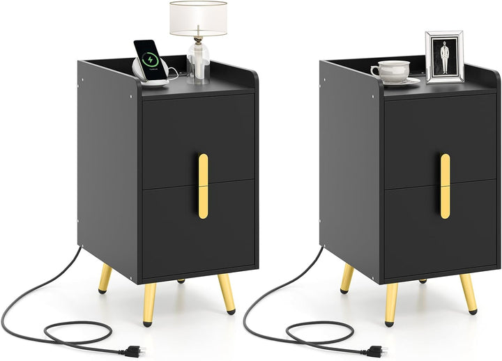 Giantex Nightstand with Charging Station, Narrow End Table with 2 Drawers &amp; Metal Gold Legs