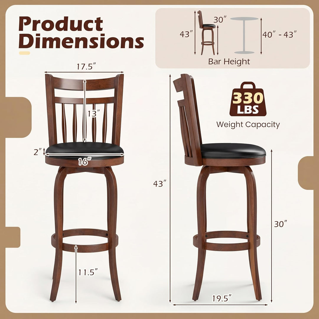 GIANTEX Swivel Bar Stools Set of 2, 24 Inch Counter Height Barstools | 360° Rotating Bar Chairs w/Footrest
