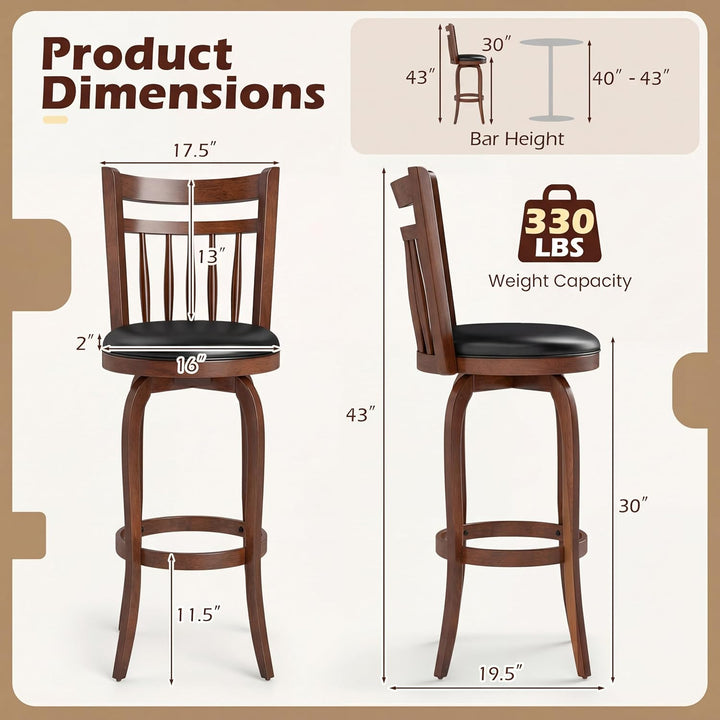 GIANTEX Swivel Bar Stools Set of 2, 24 Inch Counter Height Barstools | 360° Rotating Bar Chairs w/Footrest